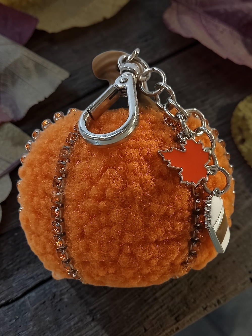 Pocketbac Holder As A Plush Orange Pumpkin Keychain with Silver Accents